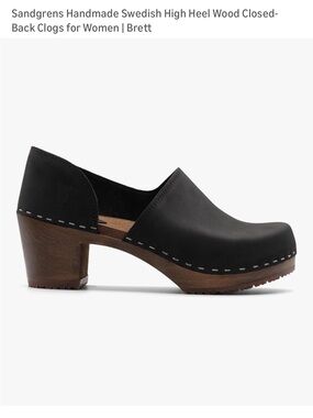 Sandgrens Brett Black Leather High-Heel Wooden Clog